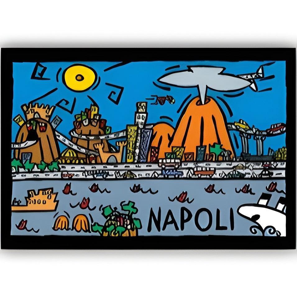 Magnete con panorama illustrato di Napoli, Vesuvio arancione, mare e scritta “Napoli”