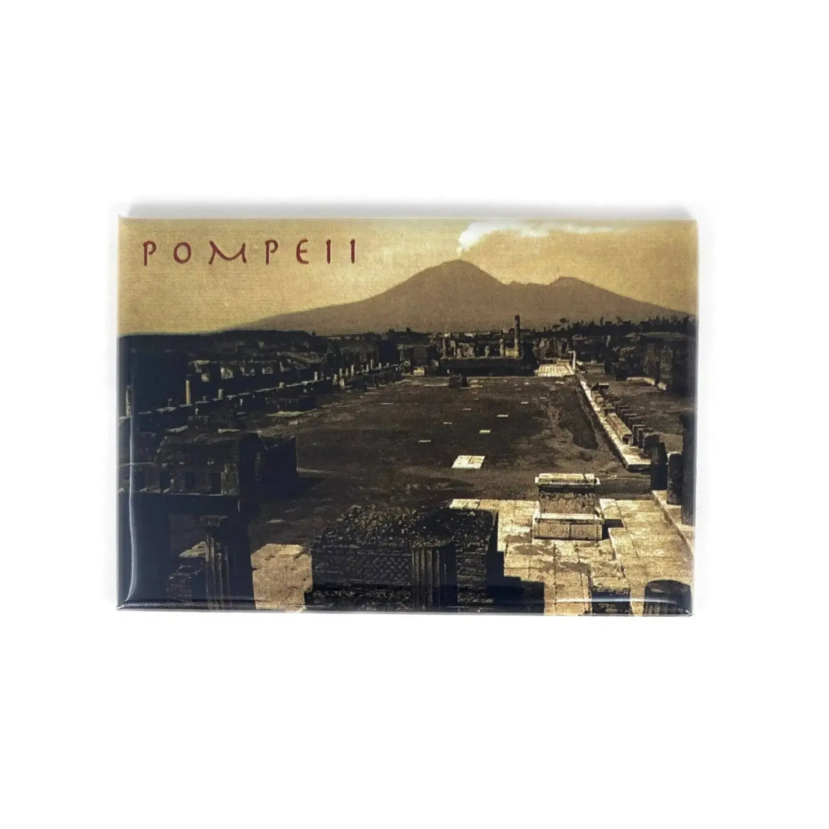 Magnete con veduta delle rovine di Pompei e Vesuvio sullo sfondo