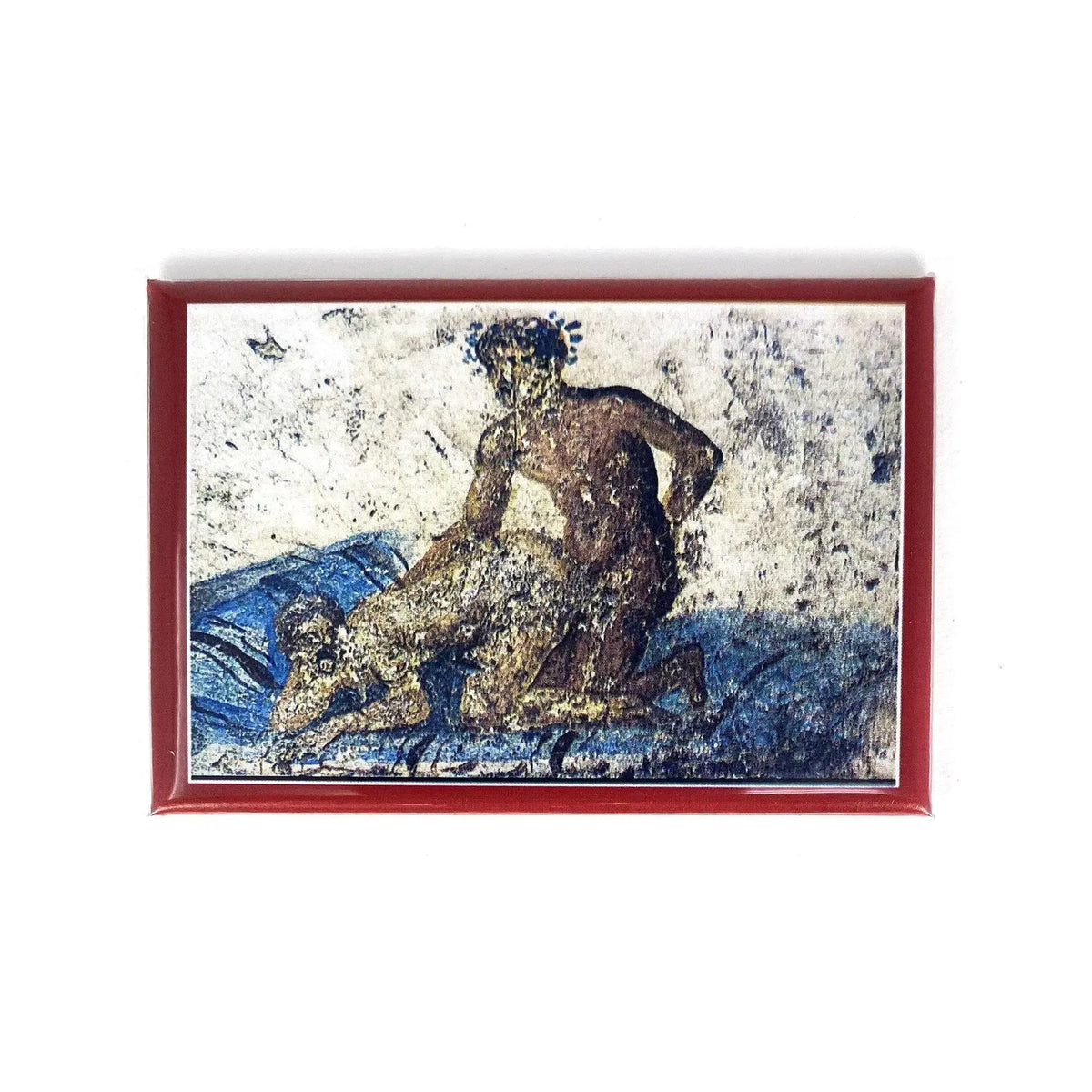 Magnete orizzontale con affresco di scena erotica su letto blu e bordo rosso