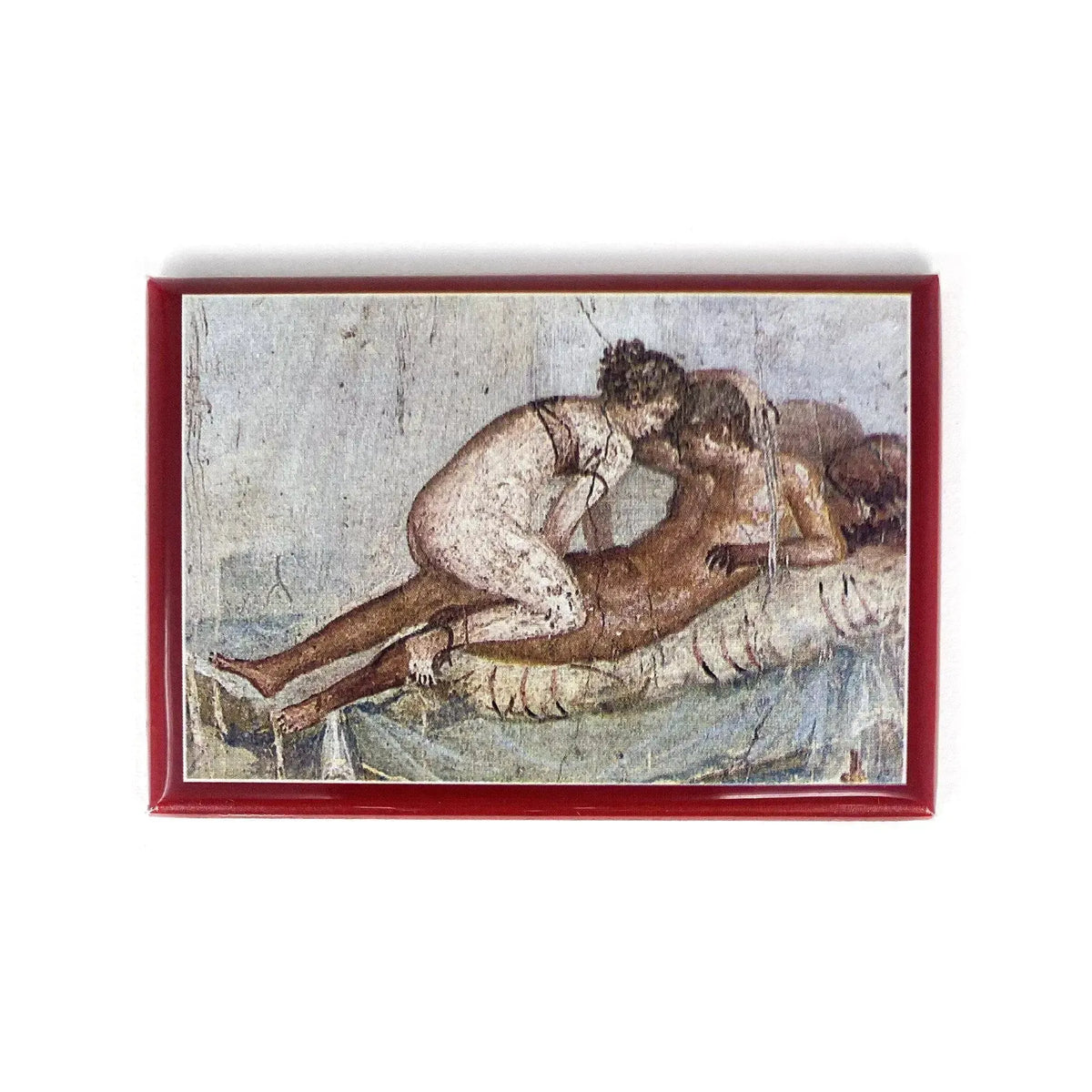 Magnete orizzontale con affresco di coppia su un letto e bordo rosso