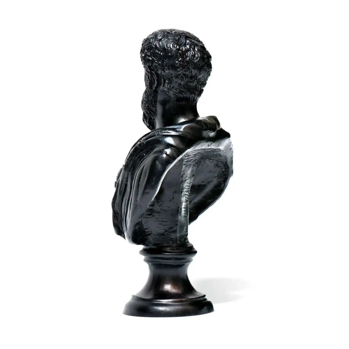 Busto di Marco Aurelio imperatore romano in bronzo scuro, fotografato posteriormente con dettagli dei capelli ricci, drappeggio e base rotonda.