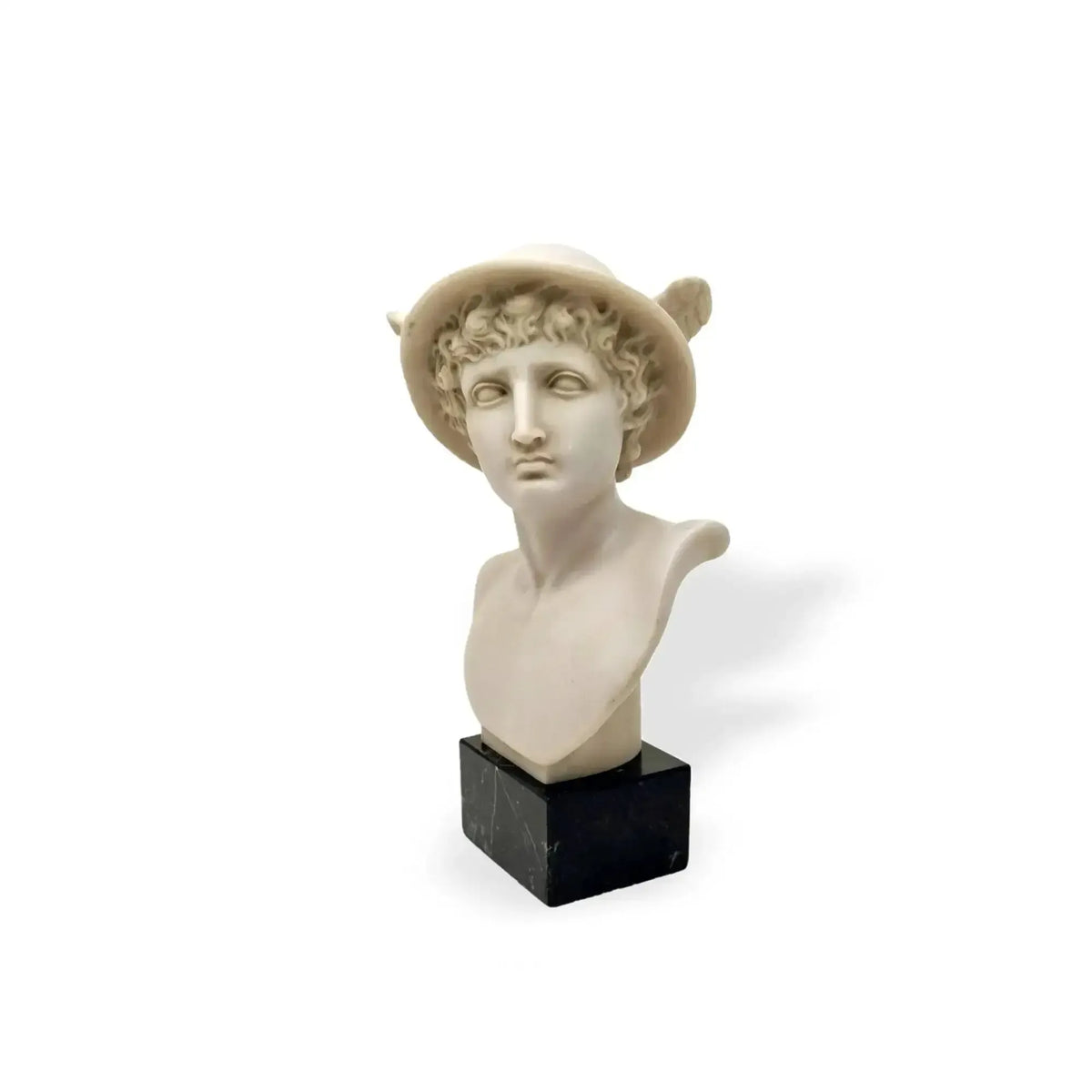 Busto in marmo del Dio Mercurio (Ermes per i greci) vista frontale.