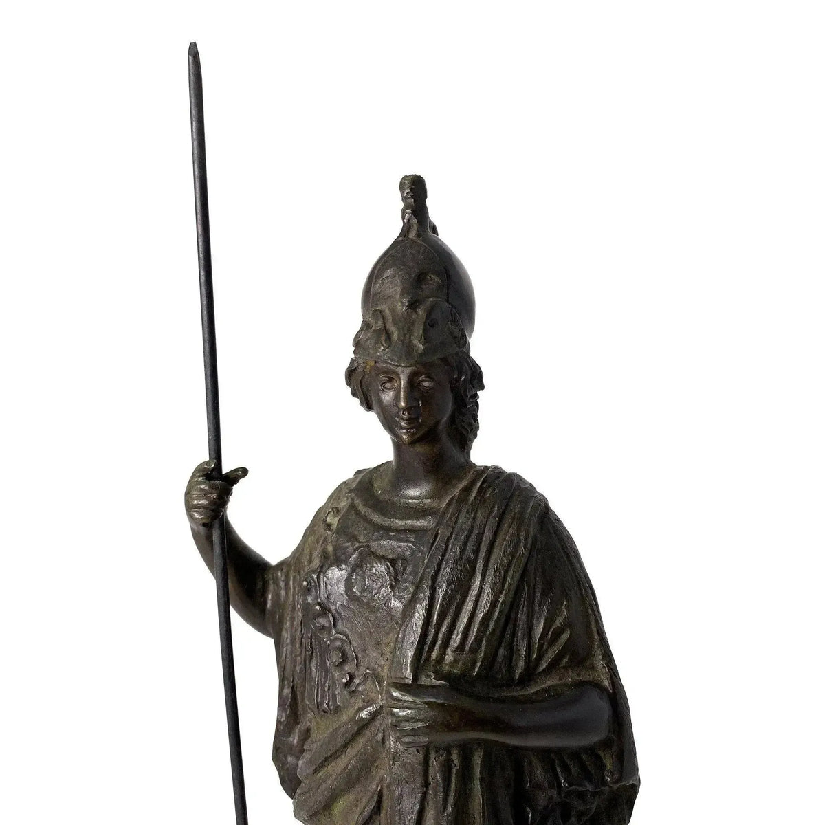 Détail de la statue en bronze de Minerve, déesse romaine