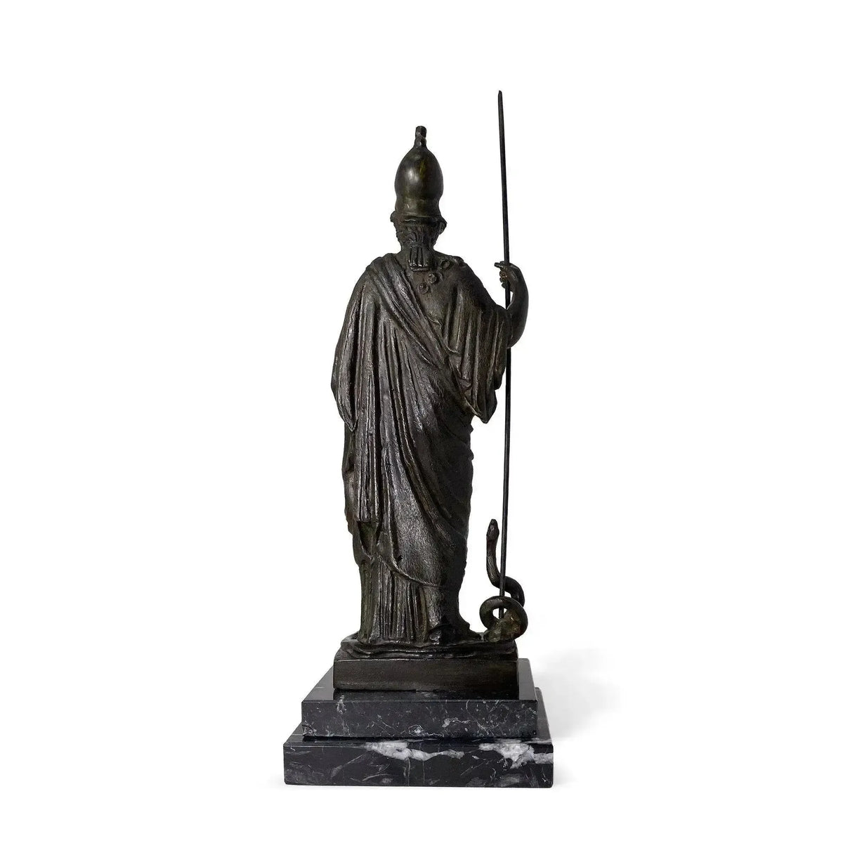 Vue arrière de la sculpture en bronze de Minerve, déesse romaine