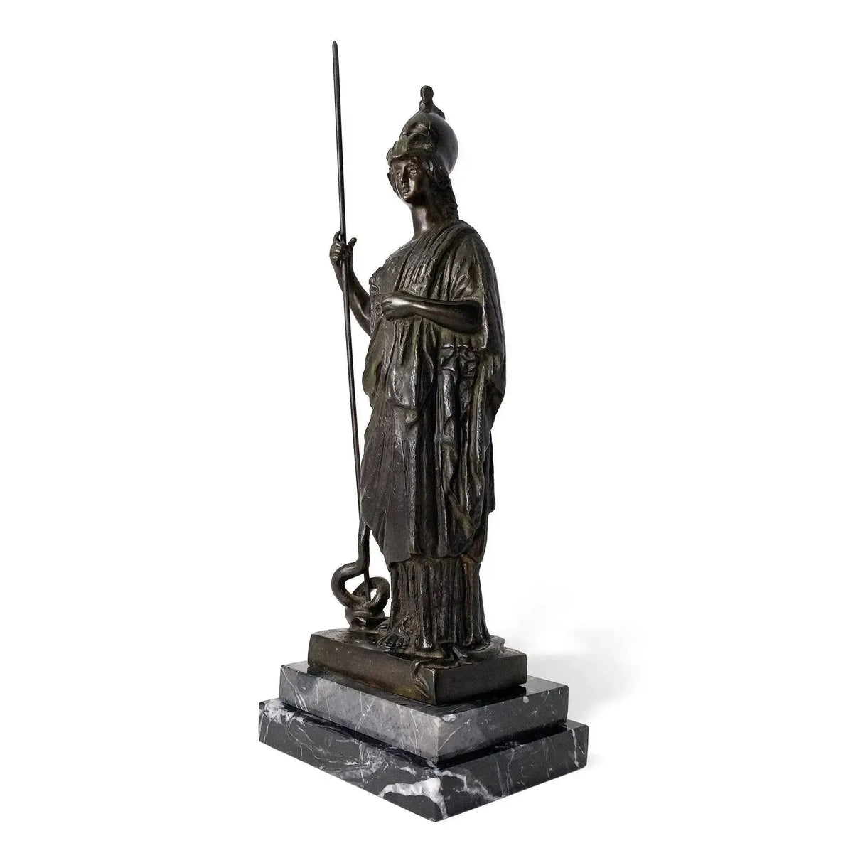 Vue latérale de la statue en bronze de Minerve, déesse de la sagesse