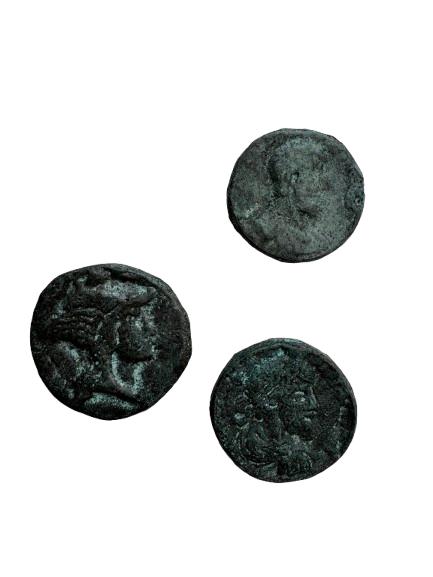 Set di monete in bronzo con patina verde, raffiguranti dettagli antichi in rilievo, fotografate su fondo bianco.