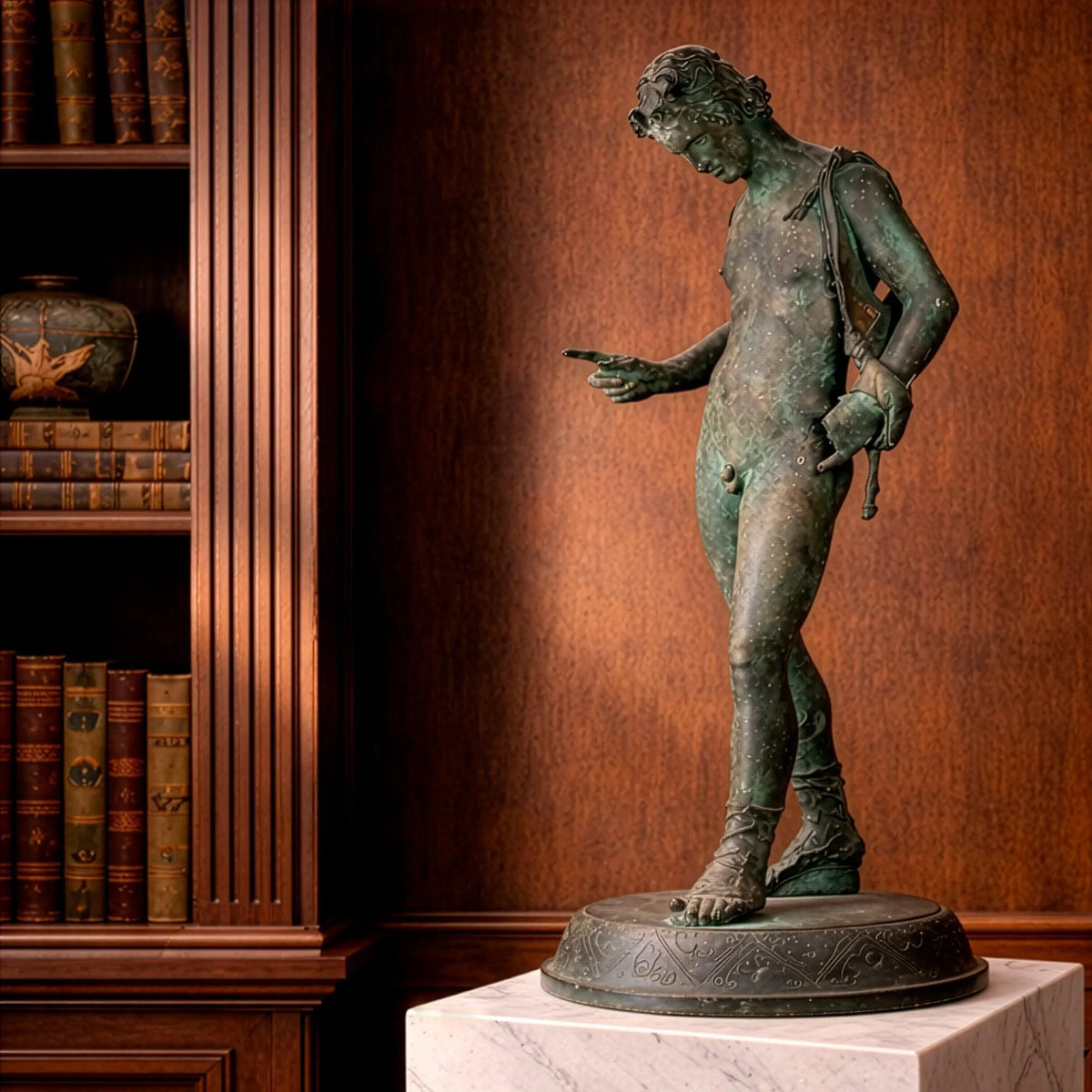 Statua di Narciso in bronzo con patina verde su un piedistallo chiaro, accanto a una libreria.