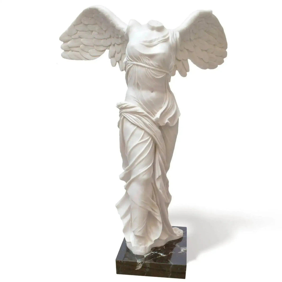 The Winged Victory of Samothrace statue prominently displayed, viewed from the front, at the Louvre Museum.