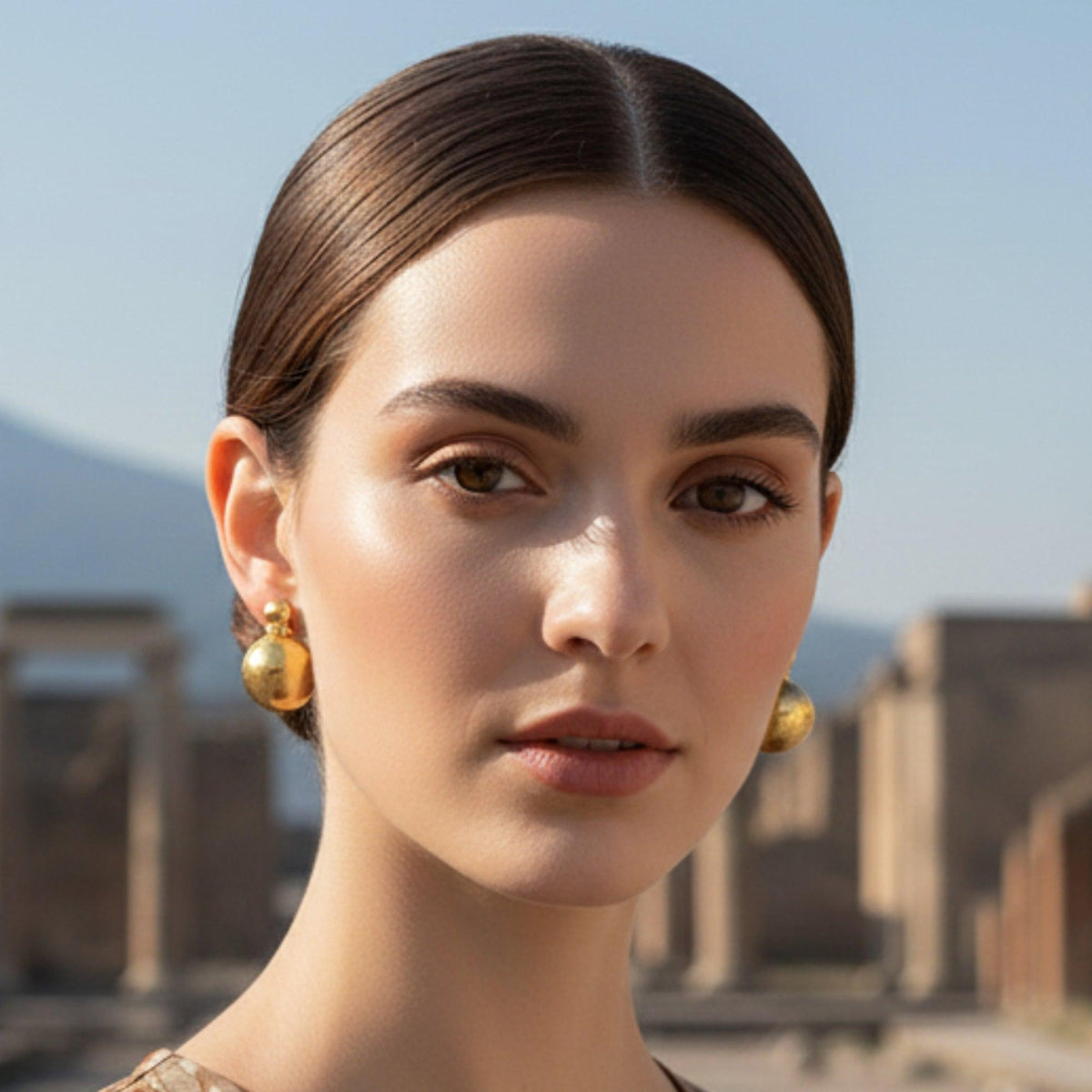 Pompeii Smooth Sphere Slice Earrings in 925 Silver plated with 18K GOLD - worn