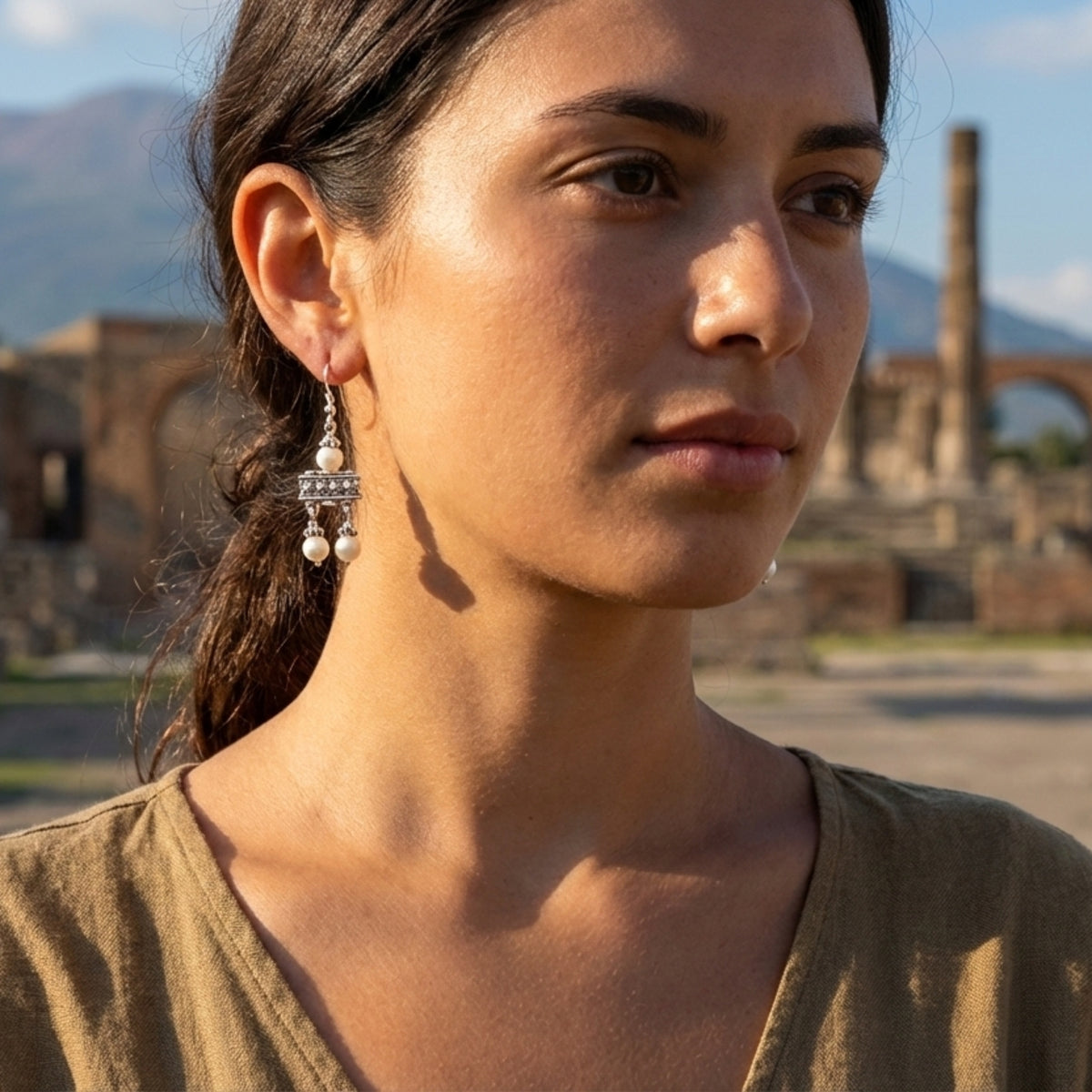 Crotalia Pompeii Earrings with Two Pendants in 925 Silver Worn  