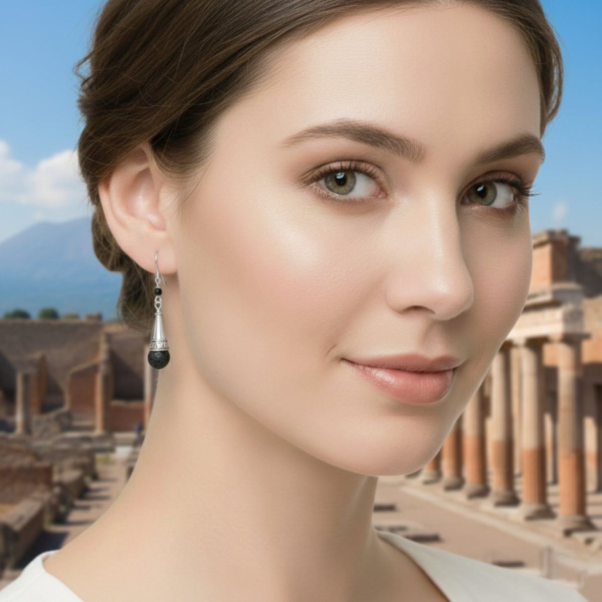 Crotalia earrings in 925 silver with Vesuvian Lava Stone worn