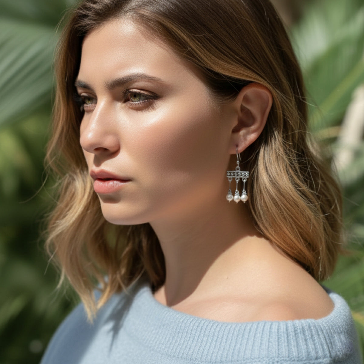 Orecchino Crotalia color argento con tre pendenti bianchi, indossato da una donna con top azzurro