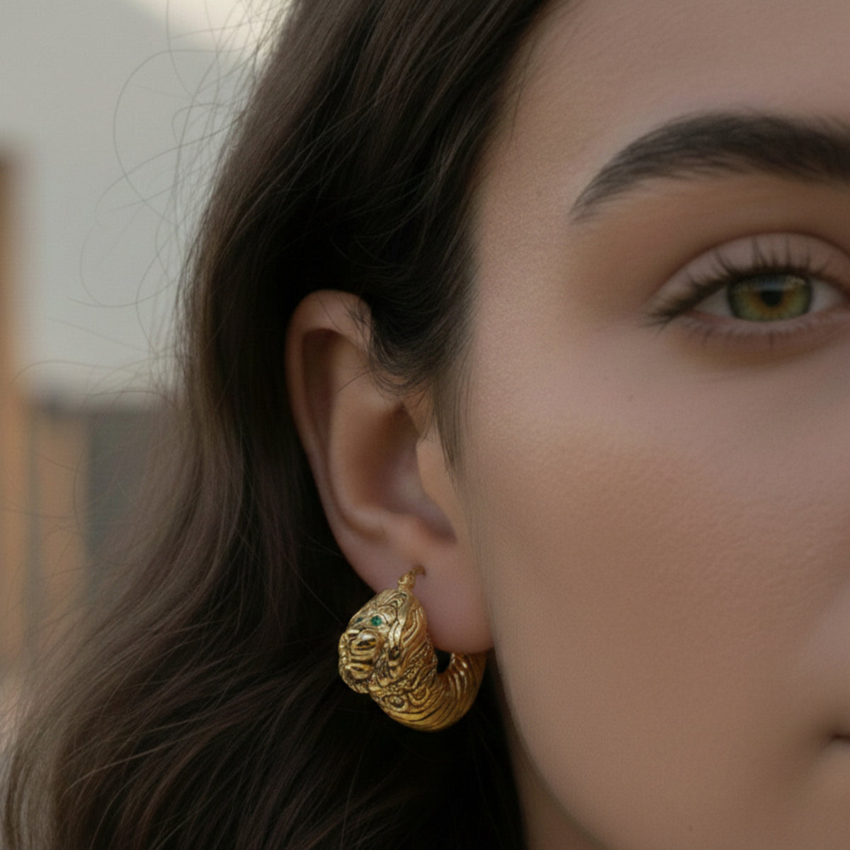 18k gold-plated silver lion head earrings worn