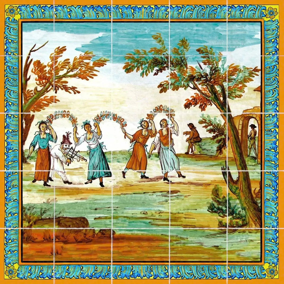 Pannello in cotto Santa Chiara con Pulcinella e danzatori