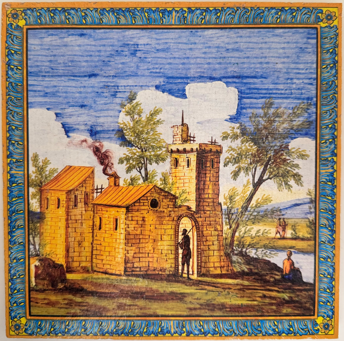 Piastrella in cotto con castello e figure nel paesaggio, decoro del Chiostro di Santa Chiara