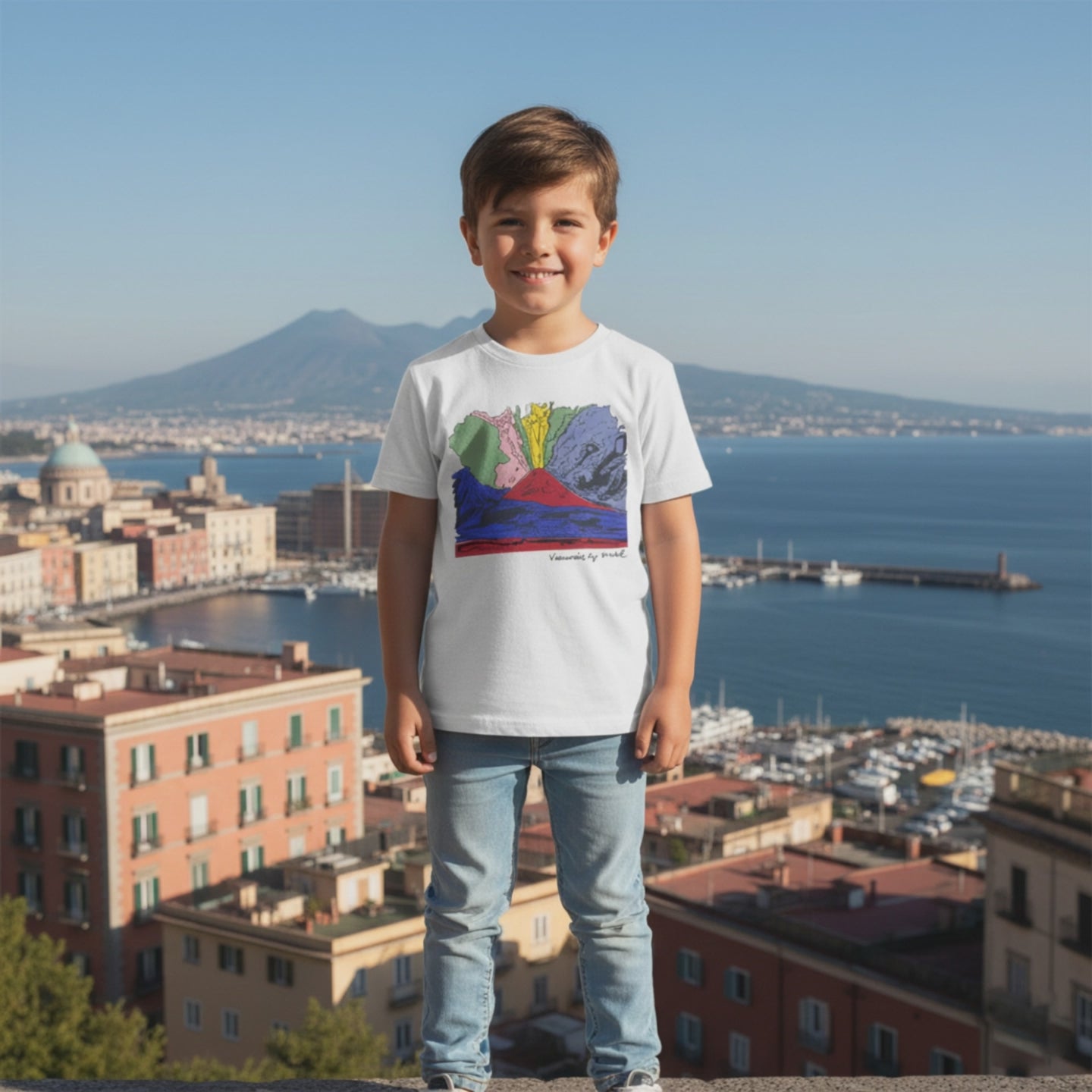 T-shirt bambino in cotone con stampa “Vesuvius” di Andy Warhol, pop art colorata.
