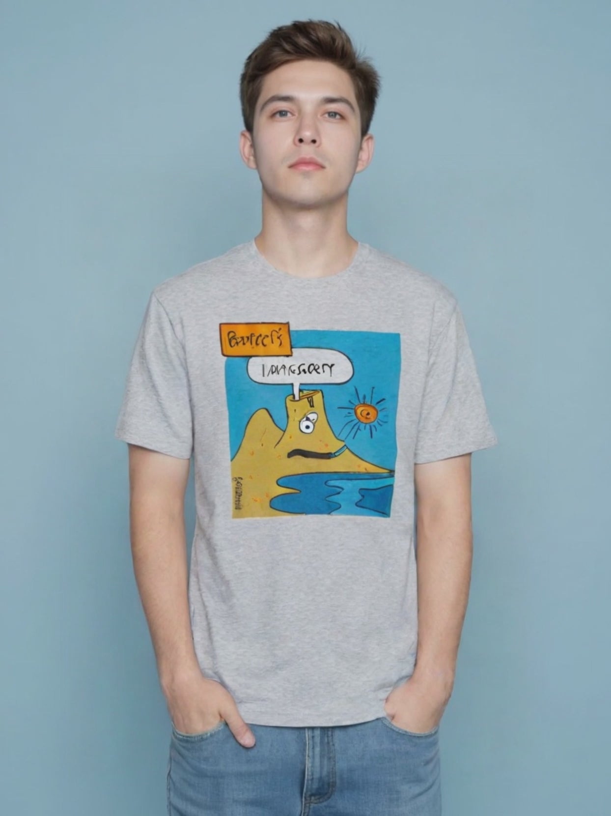 T-shirt bambino grigia con stampa “I Am Sorry” di Marassi ispirata a Pompei e al Vesuvio.