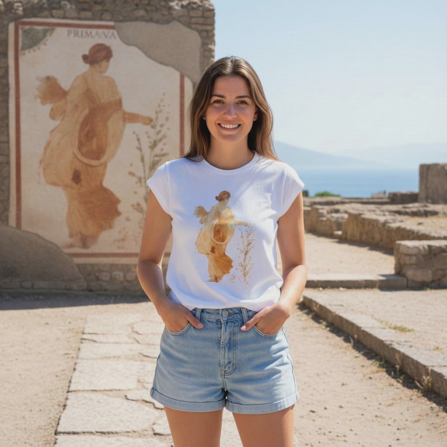 T-shirt donna in cotone con stampa artistica ispirata alla dea Flora.