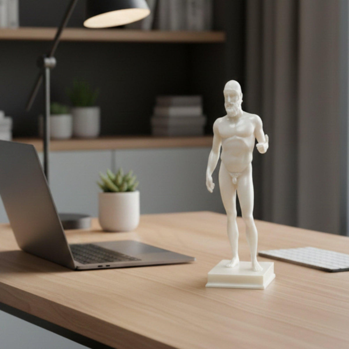 Riproduzione di un Bronzo di Riace in PLA bianco su una scrivania, accanto a computer portatile e piantina.