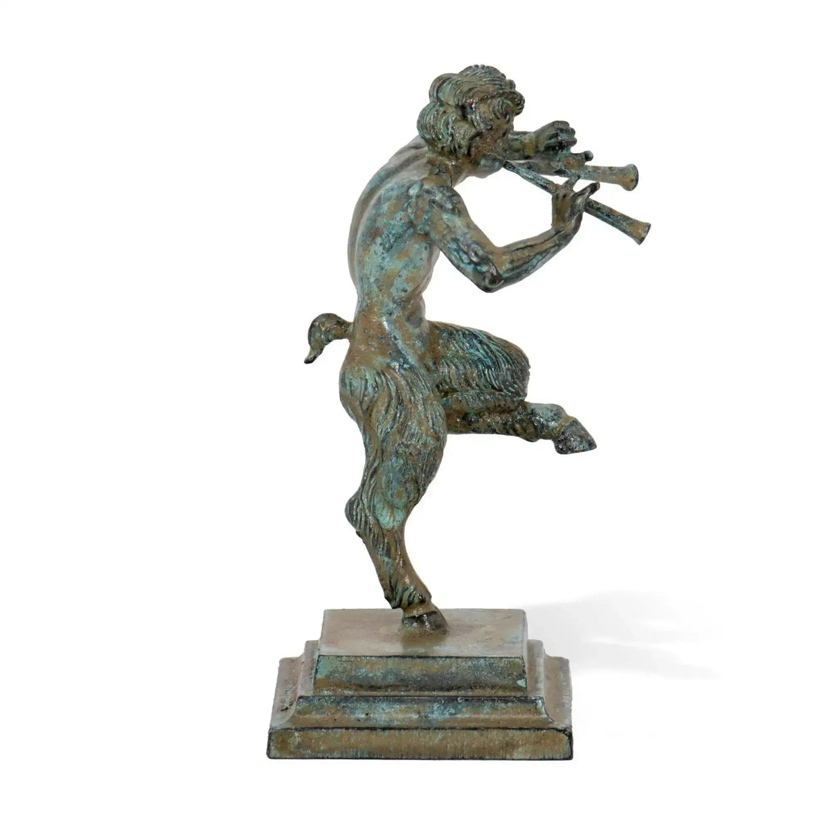 Side view of a collectible bronze fife faun figurine