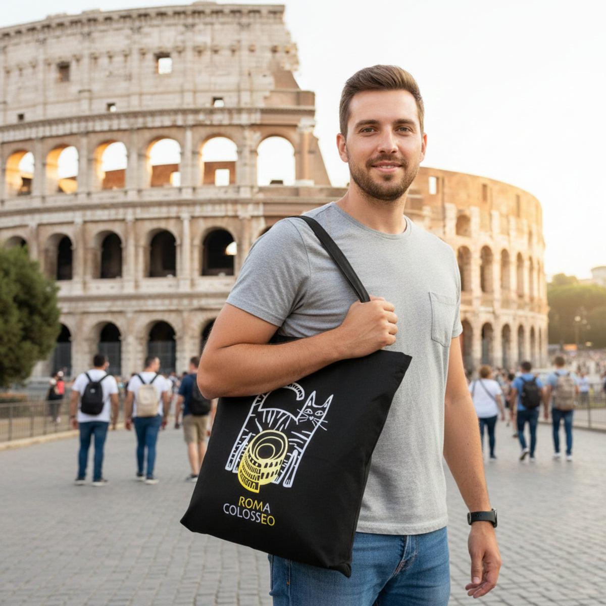 Colosseum Cat Shopper Bag in Black Cotton