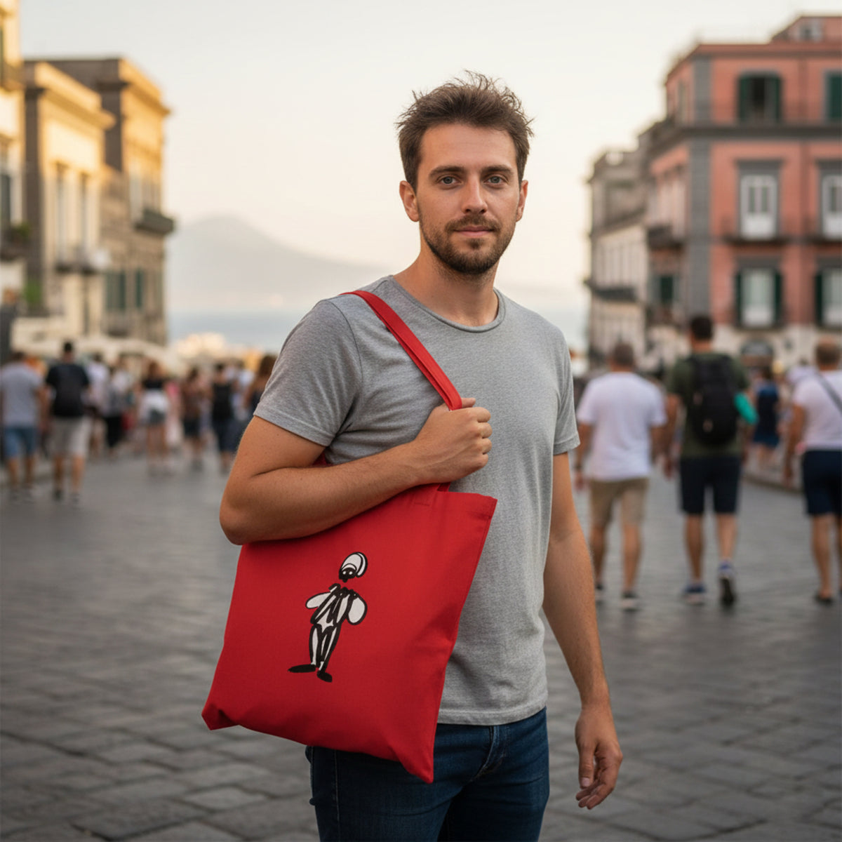Red Pulcinella shopper bag in natural cotton
