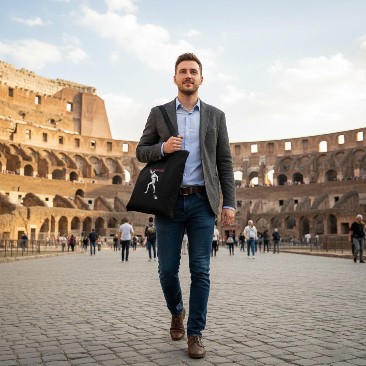 Shopper nera in cotone Spartacus, portata a spalla da un uomo in un anfiteatro