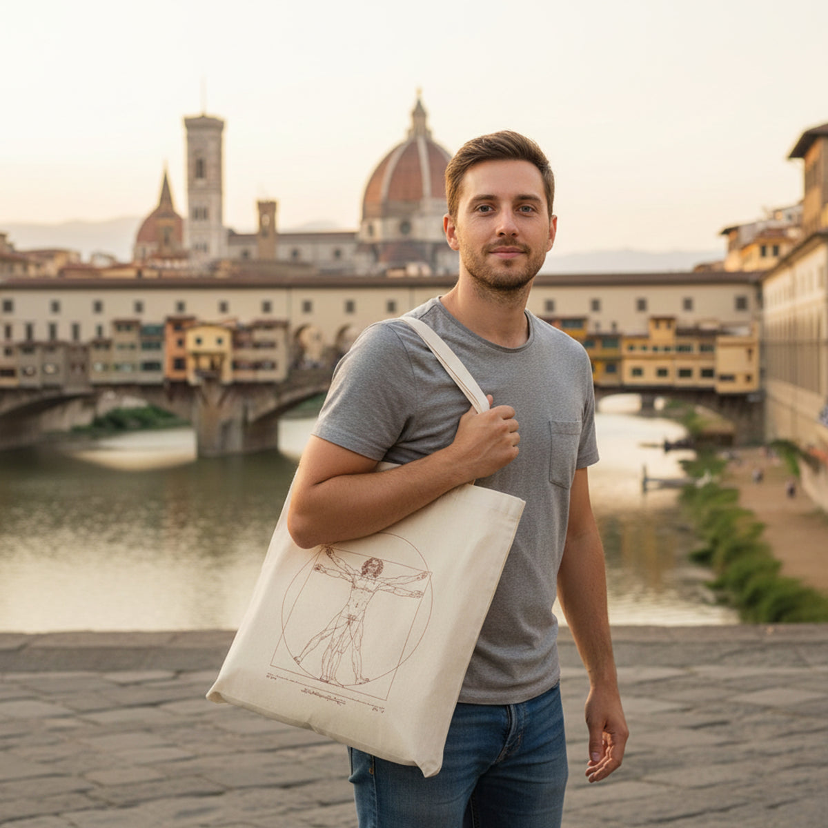 Men's Vitruvian Man Shopper Bag in natural cotton