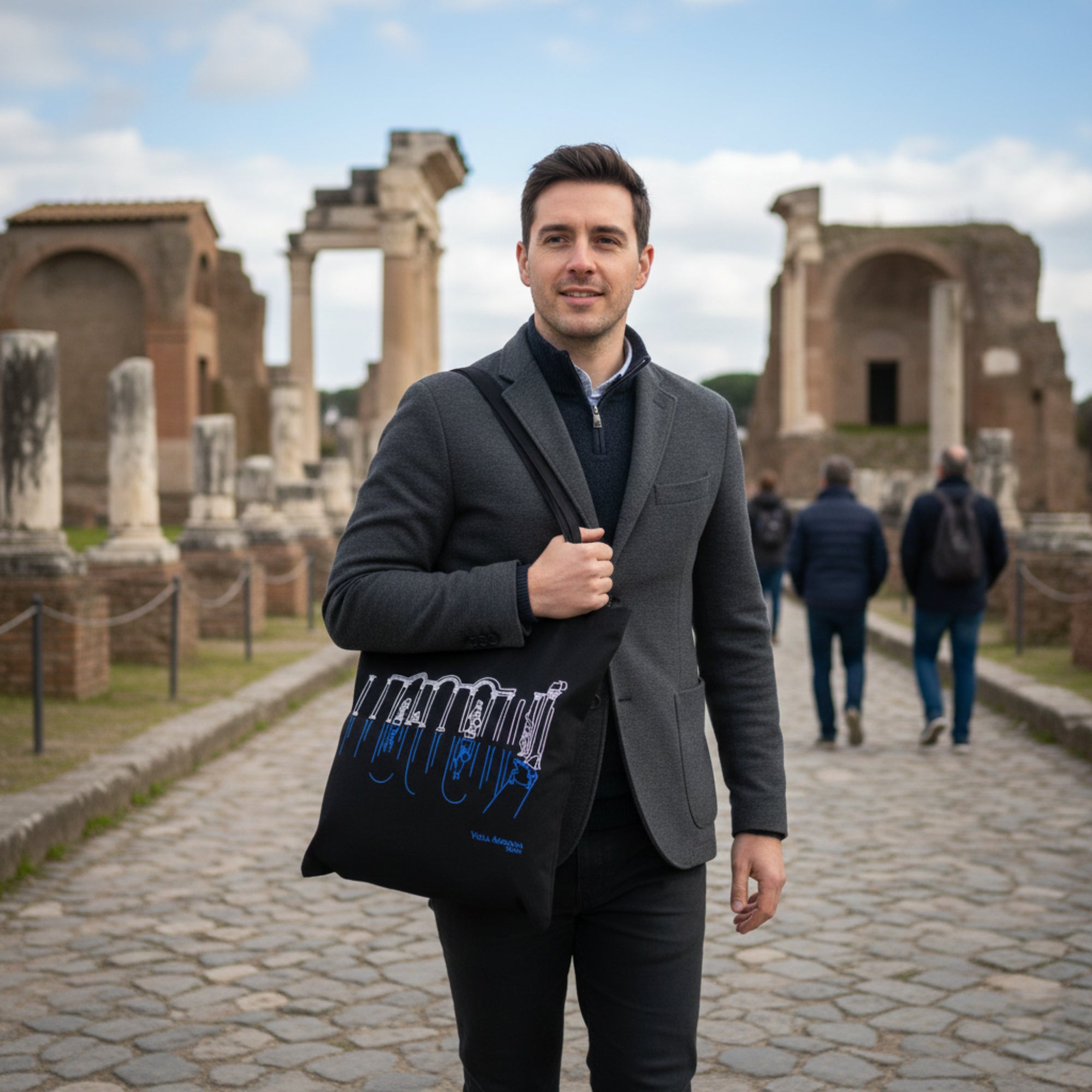 Borsa shopper Villa Adriana in cotone nero