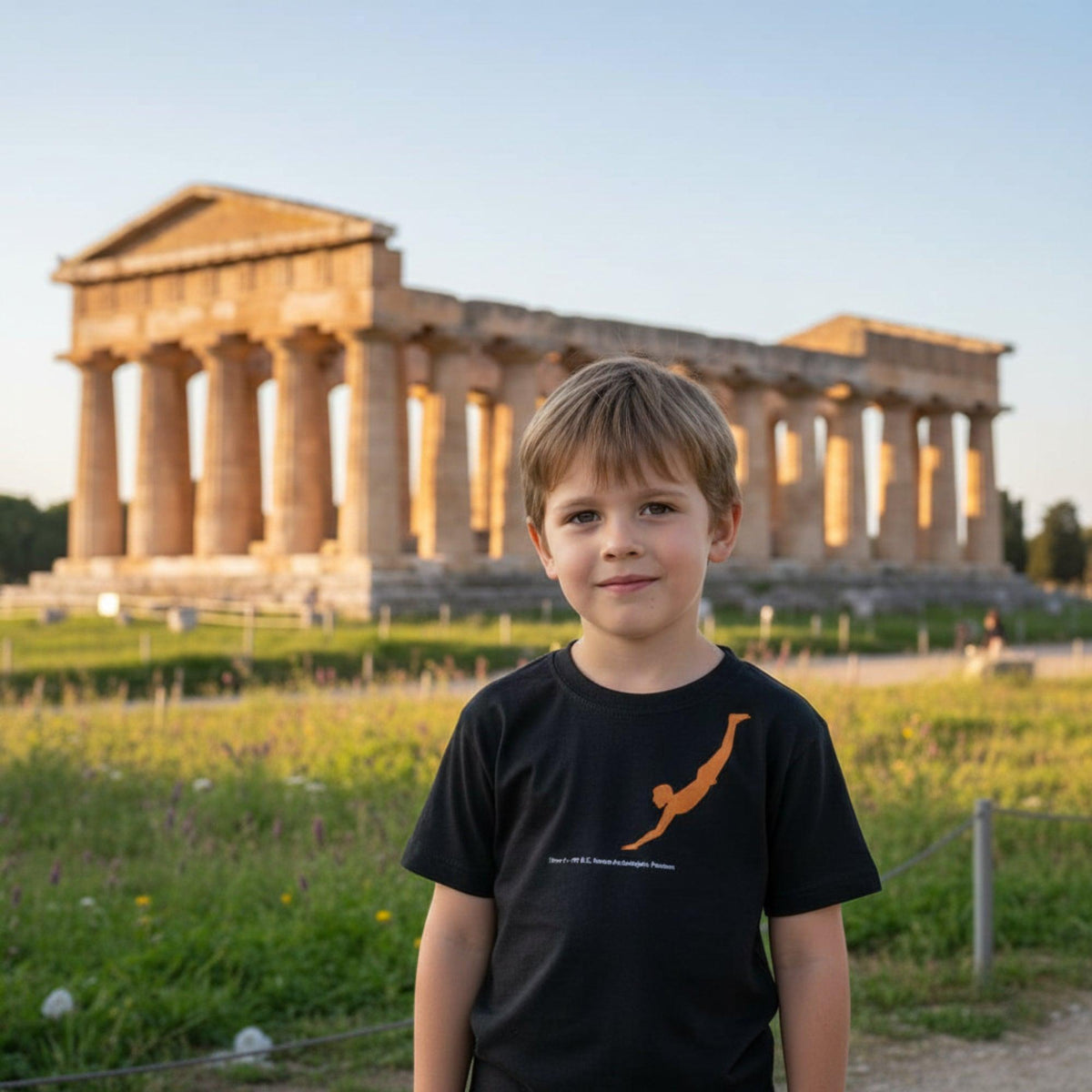 Black children's T-shirt with Paestum diver print