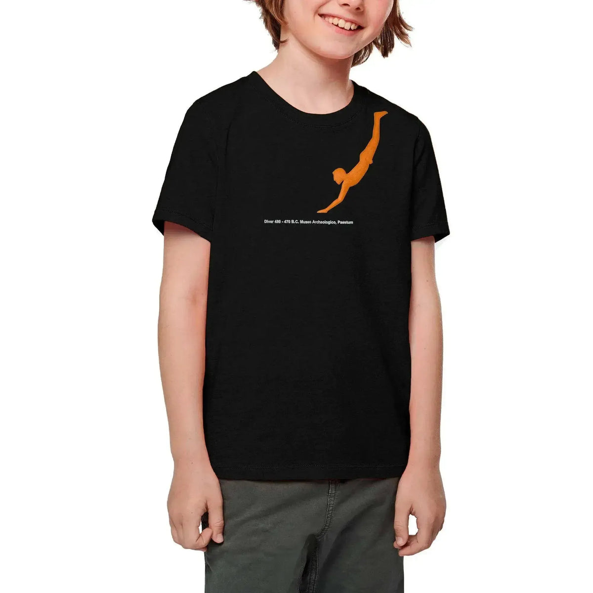 Worn black children's T-shirt with the Paestum diver print