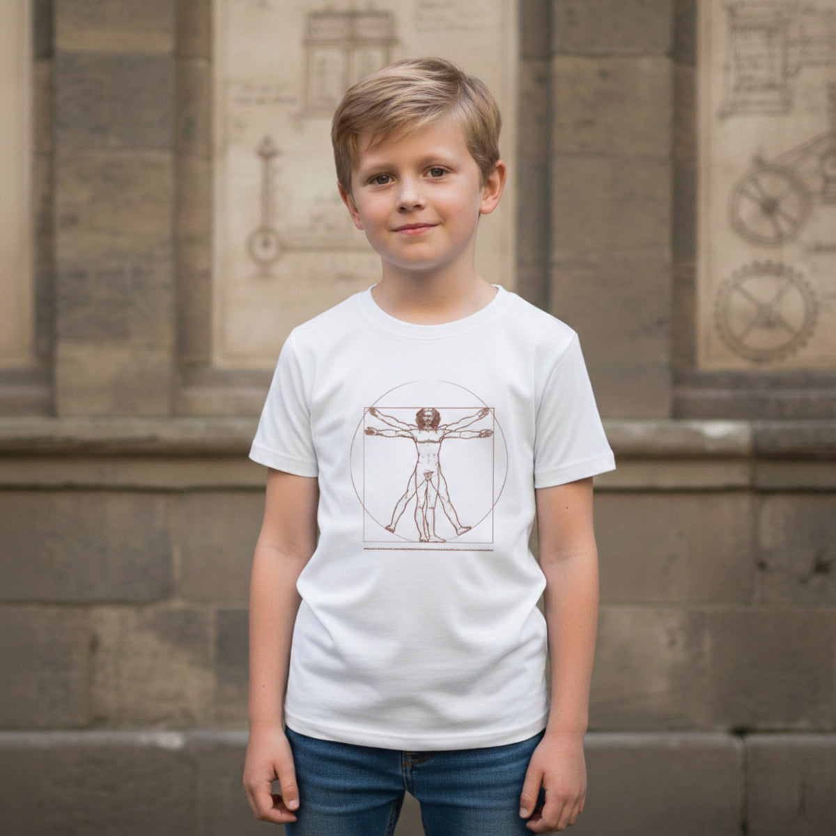 Camiseta infantil de algodón con estampado del Hombre de Vitruvio de Leonardo da Vinci.