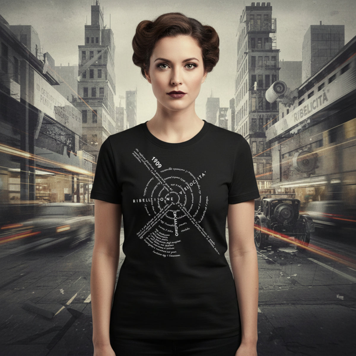 Women's cotton T-shirt inspired by Italian futurist posters.