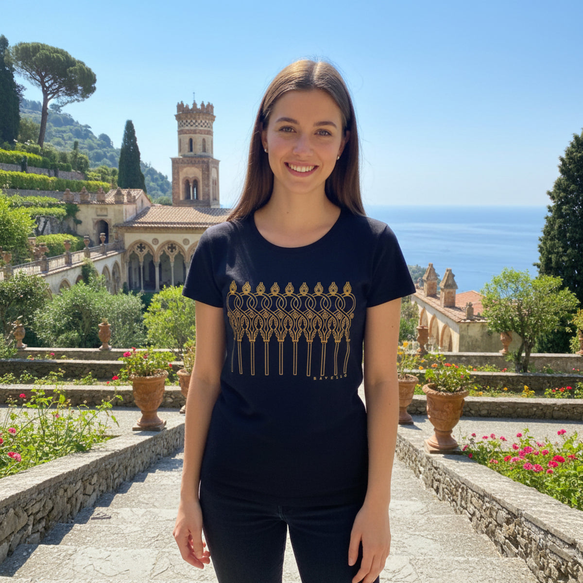 Women's cotton T-shirt inspired by Villa Rufolo, a symbol of elegance and Italian art.
