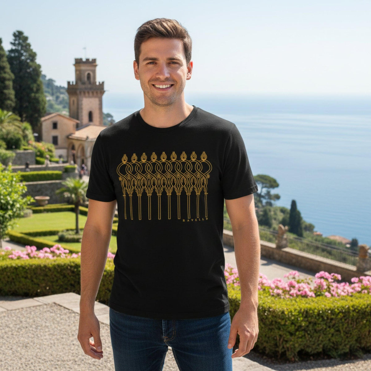 Men's cotton T-shirt inspired by the gardens and art of Villa Rufolo.