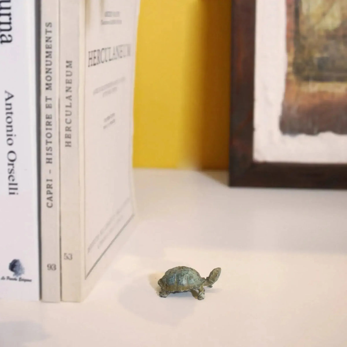 Tartaruga in bronzo con patina verde su una mensola accanto a libri, con parete gialla e quadro sullo sfondo.
