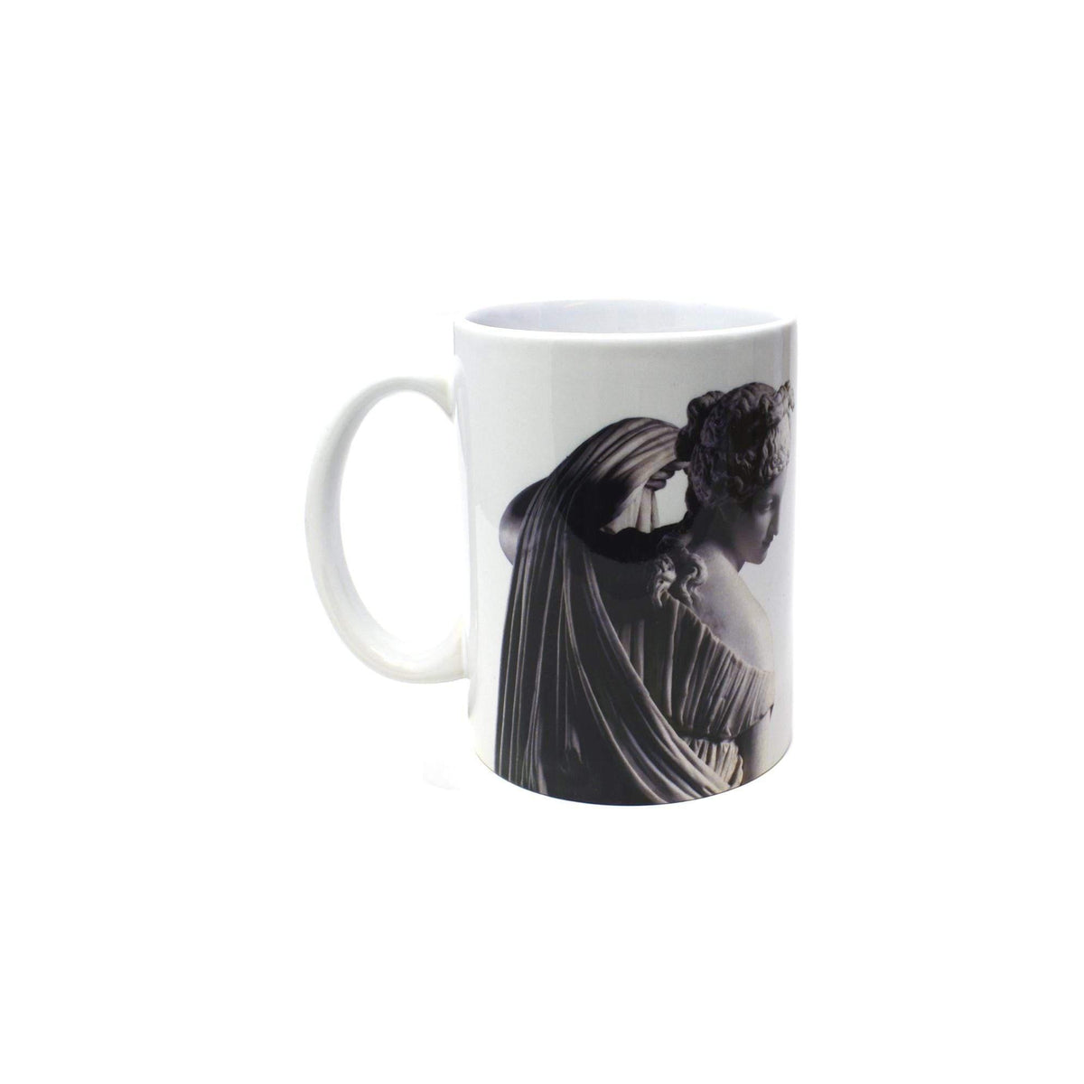 Tazza bianca in ceramica con dettaglio della Venere Callipigia, su fondo bianco