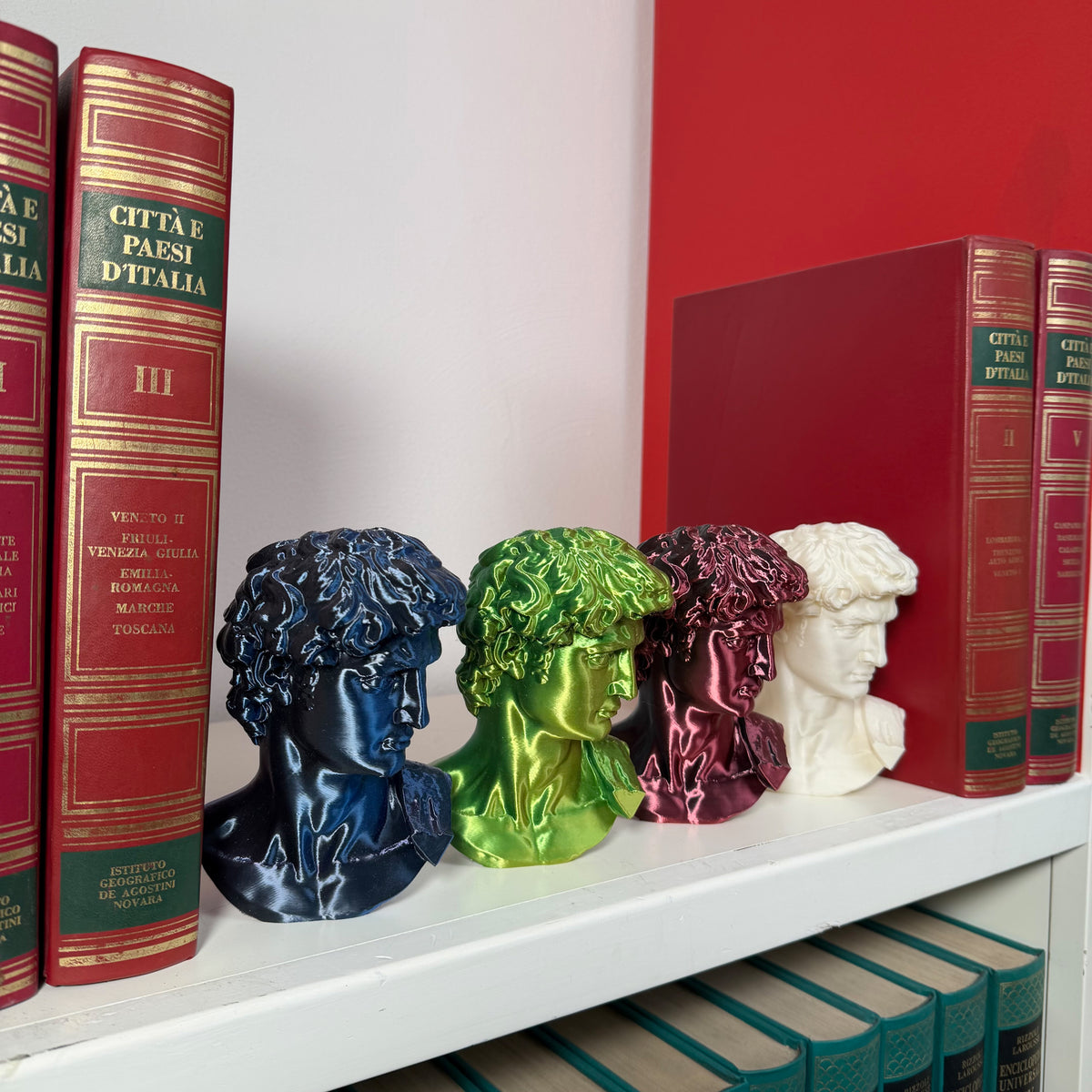 Quattro teste del David in PLA blu, verde, rosso scuro e bianco, viste di lato su una mensola tra libri.