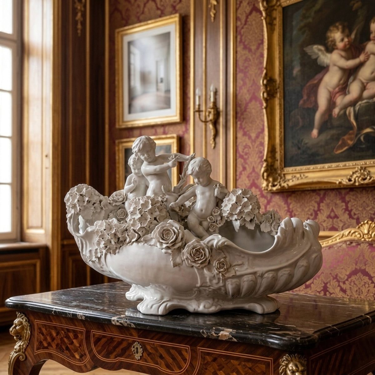 Vasca con putti e fiori in porcellana di Capodimonte su un tavolo intarsiato con piano scuro