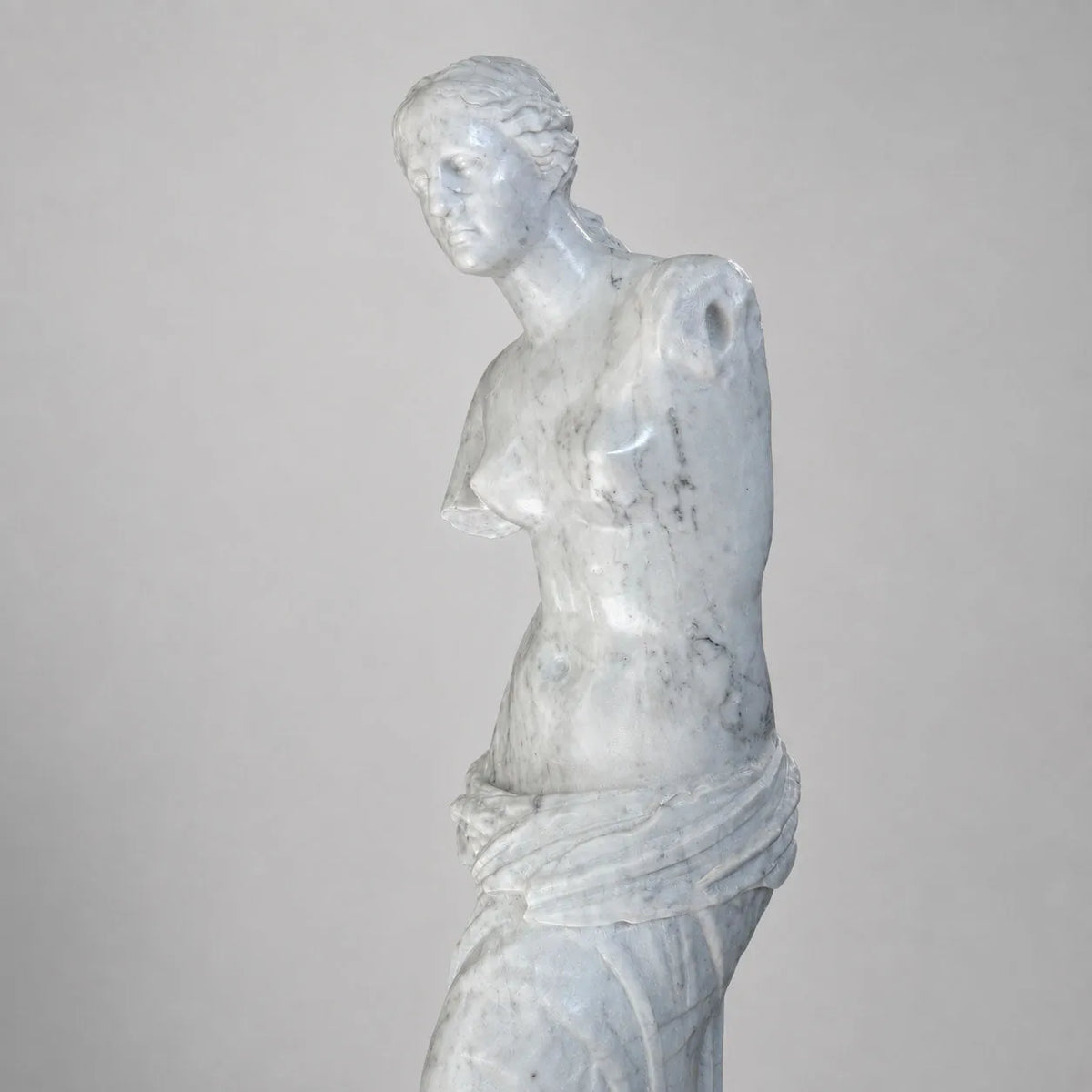 Venere di Milo in marmo di Carrara, dettaglio del volto e del torso su fondo grigio chiaro.