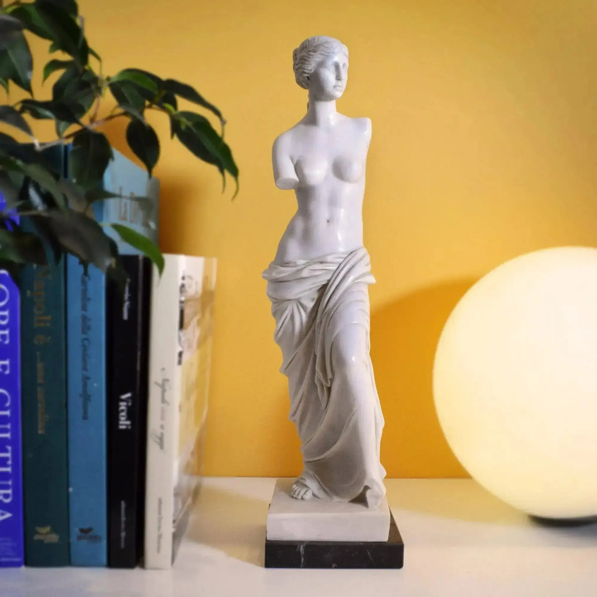 Venere di Milo in marmo accanto a libri e una lampada sferica