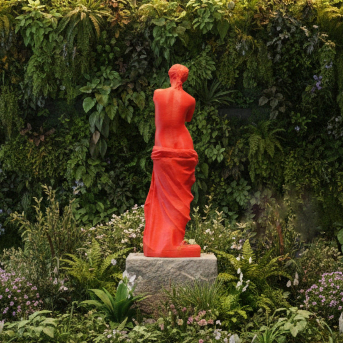 Venere di Milo rossa vista da dietro, su un basamento in pietra tra piante e fiori.