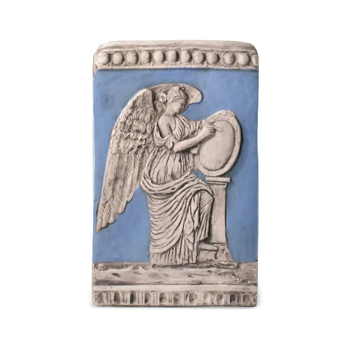 Blue terracotta plaque depicting the winged goddess of victory, Nike, taken from Trajan's column in Rome
