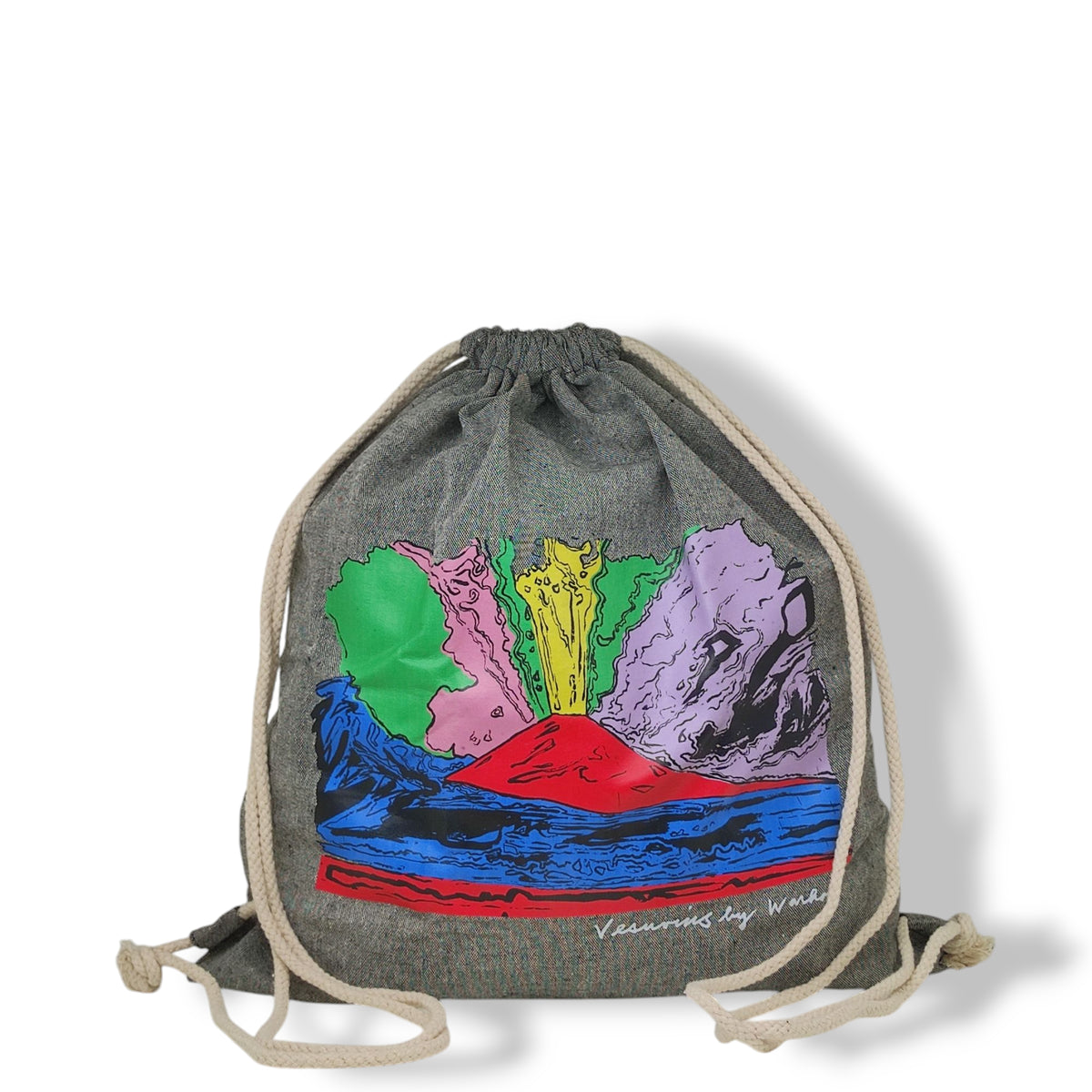 Zainetto grigio in cotone con stampa colorata Vesuvius di Andy Warhol e cordini beige