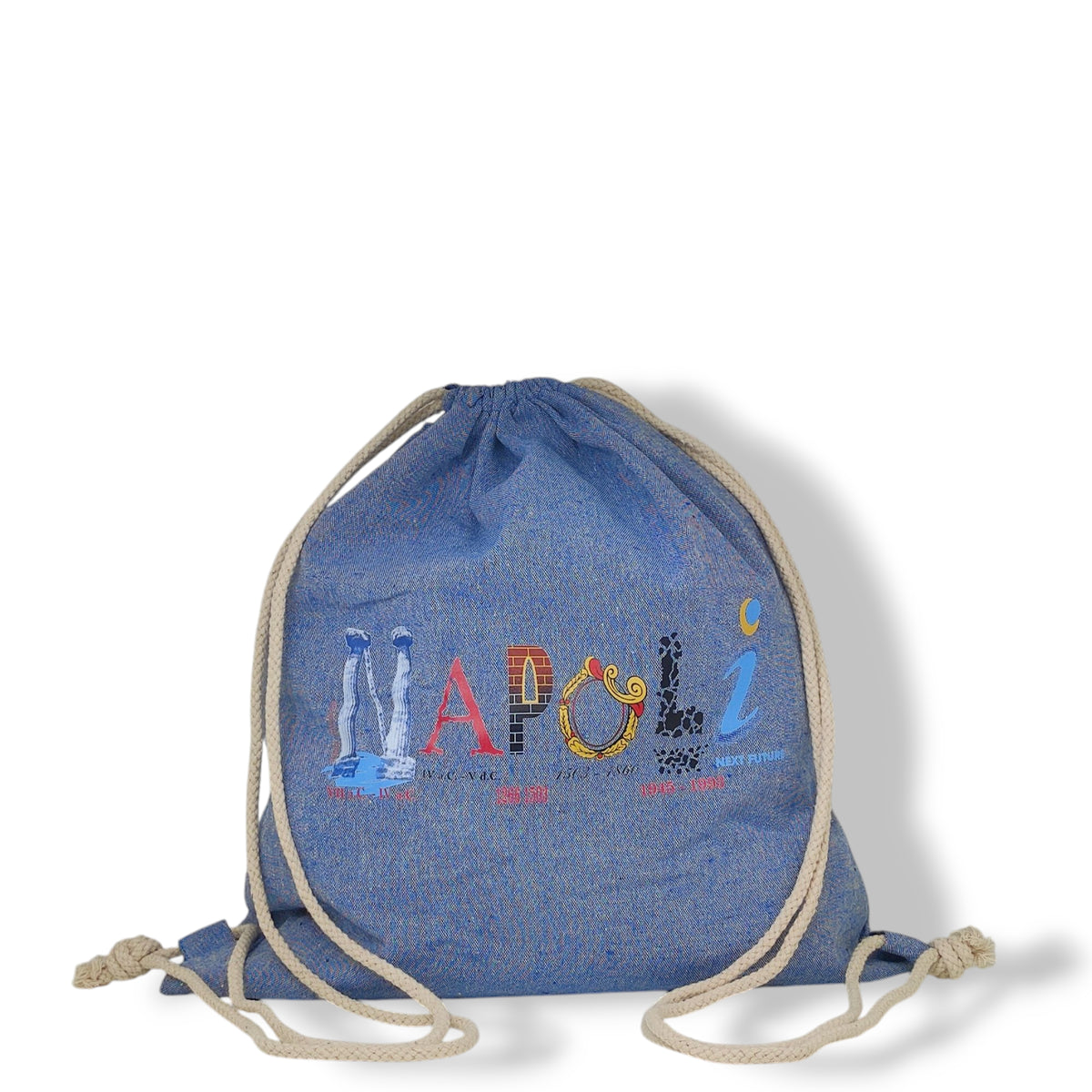Zaino blu in cotone con cordoncini beige e scritta Napoli a lettere illustrate