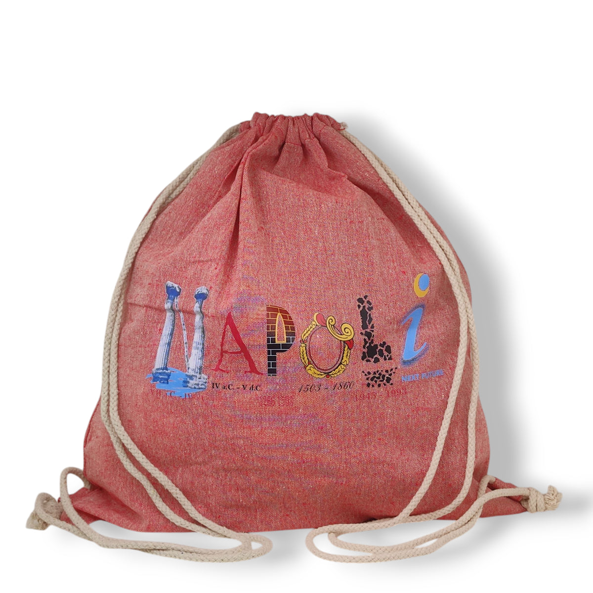 Zaino rosa in cotone con cordoncini beige e scritta Napoli a lettere illustrate