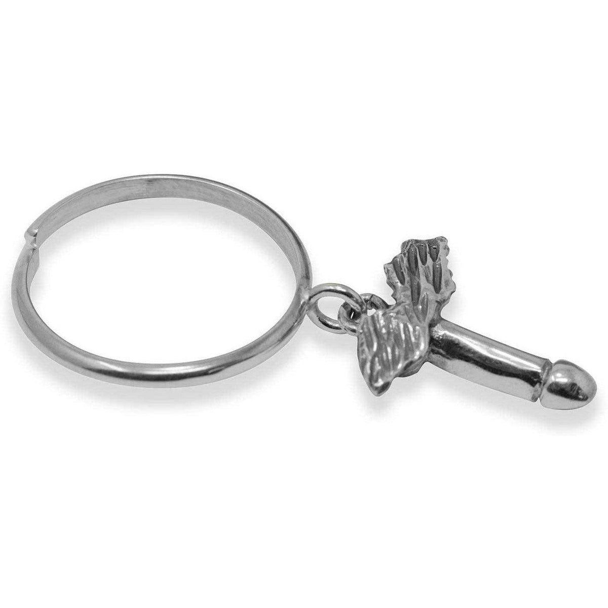 Anello in argento 925 con pendente a fallo alato, su fondo bianco