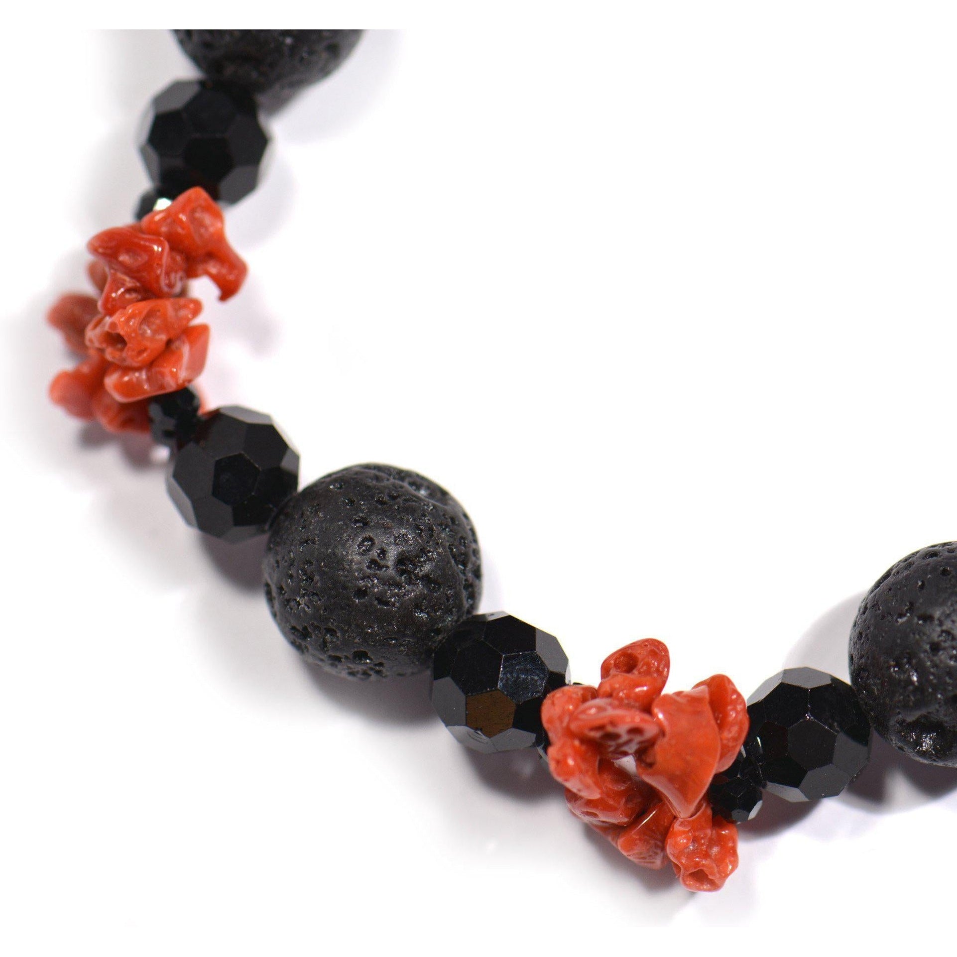 Red Coral Lava Stone and Onyx Bracelet