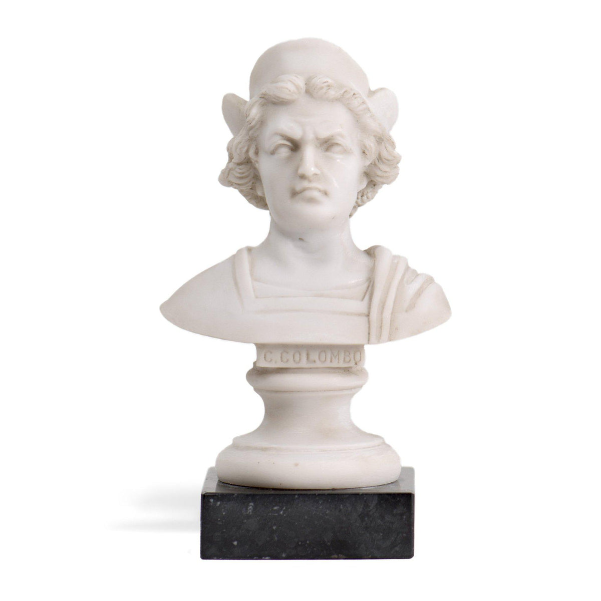 Busto di Cristoforo Colombo in alabastro ricomposto su base in marmo, vista frontale