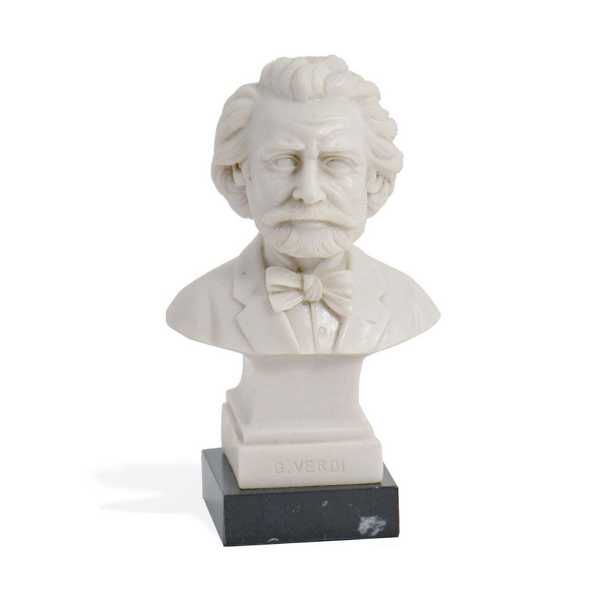 Busto di Giuseppe Verdi in marmo su base scura, vista frontale su fondo bianco